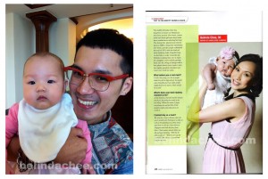 With StevenSunny (Baby Whisperer) the makeup artist working on the shoot that day. He was the only one who could make her smile and was comfortable enough to let him carry her. The article on the right. 